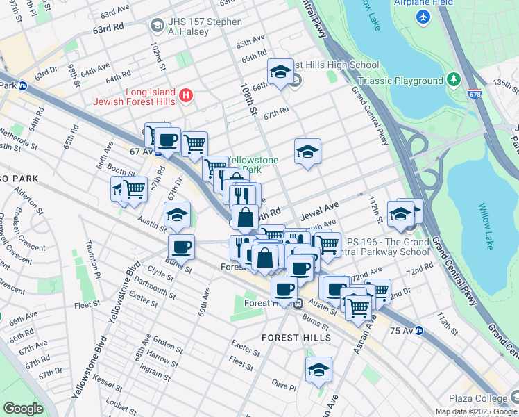 map of restaurants, bars, coffee shops, grocery stores, and more near 107-1 Jewel Avenue in Queens