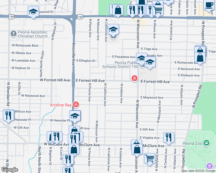 map of restaurants, bars, coffee shops, grocery stores, and more near 3001-3021 North California Avenue in Peoria