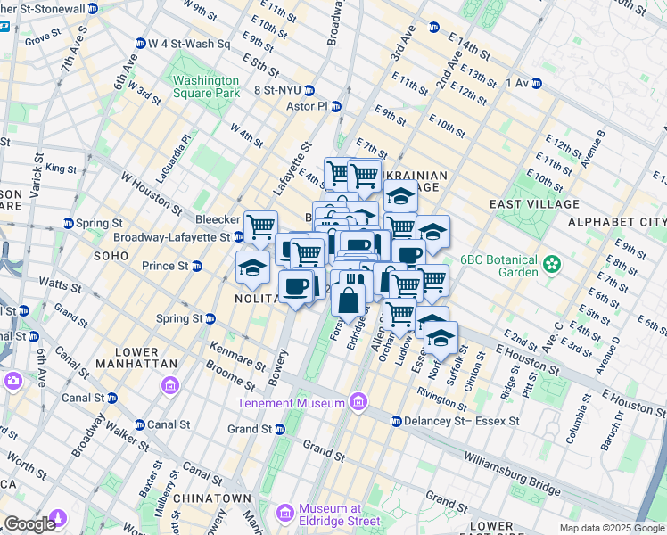 map of restaurants, bars, coffee shops, grocery stores, and more near 21 East 1st Street in New York