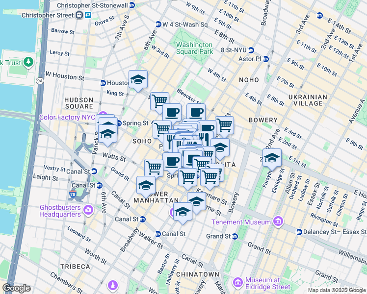 map of restaurants, bars, coffee shops, grocery stores, and more near 543 Broadway in New York