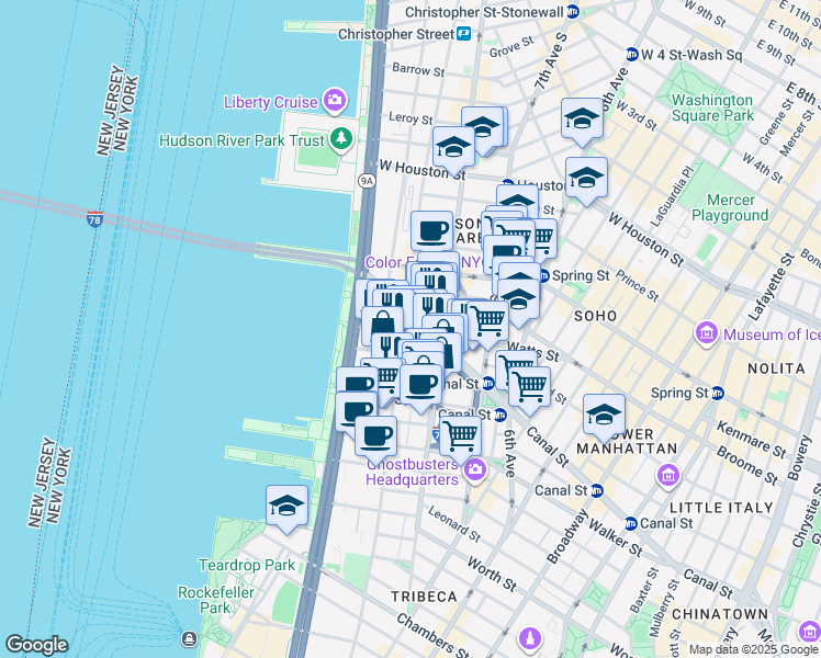 map of restaurants, bars, coffee shops, grocery stores, and more near 475 Greenwich Street in New York