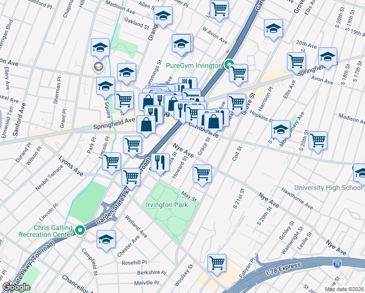 map of restaurants, bars, coffee shops, grocery stores, and more near 64 Augusta Street in Irvington