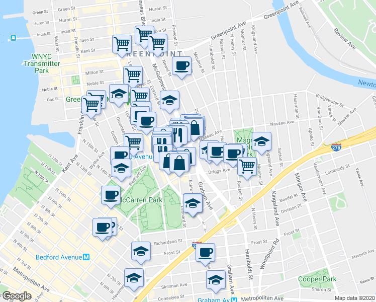 map of restaurants, bars, coffee shops, grocery stores, and more near 49 McGuinness Boulevard in Brooklyn