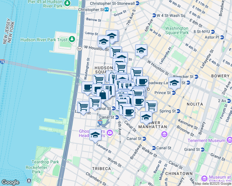 map of restaurants, bars, coffee shops, grocery stores, and more near 101 6th Avenue in New York