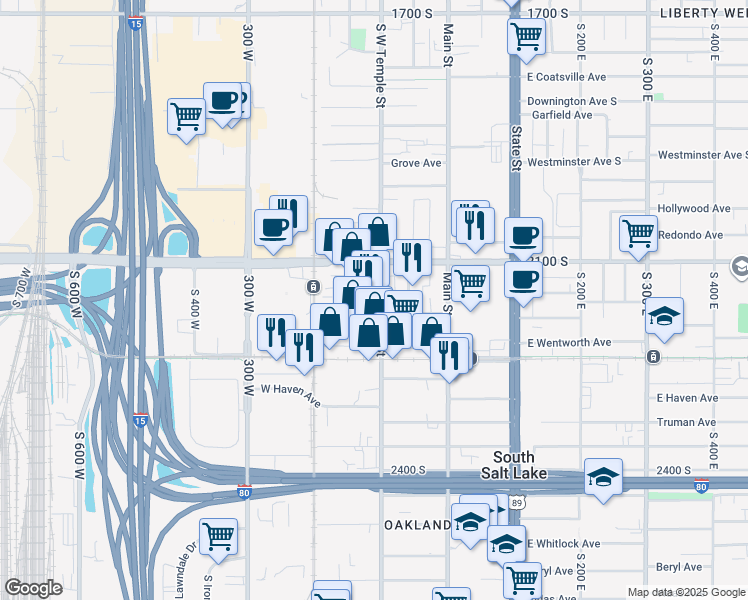 map of restaurants, bars, coffee shops, grocery stores, and more near 219 Wentworth Avenue in South Salt Lake