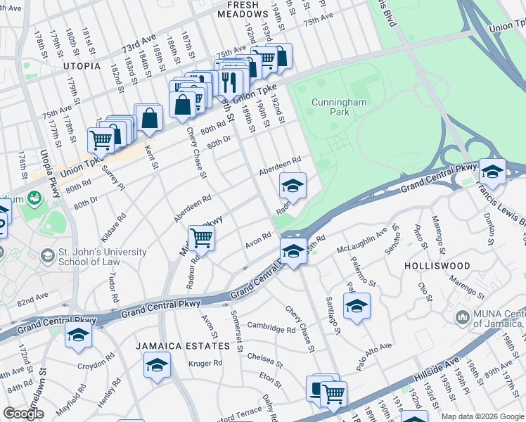 map of restaurants, bars, coffee shops, grocery stores, and more near 186-38 Radnor Road in Queens
