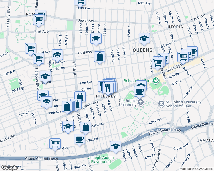 map of restaurants, bars, coffee shops, grocery stores, and more near 168-04 Union Turnpike in Queens