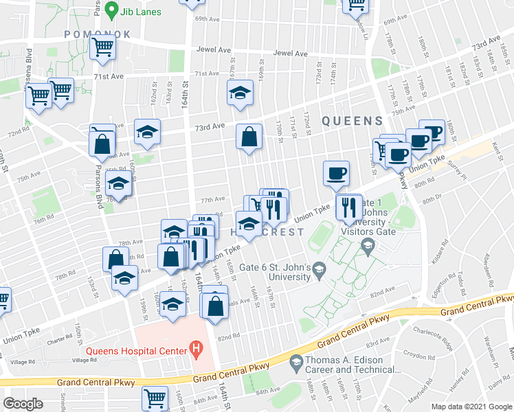 map of restaurants, bars, coffee shops, grocery stores, and more near 77-28 167th Street in Queens