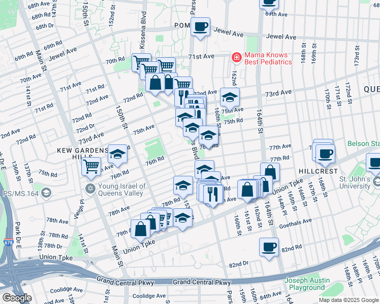 map of restaurants, bars, coffee shops, grocery stores, and more near 153-58 77th Avenue in Queens