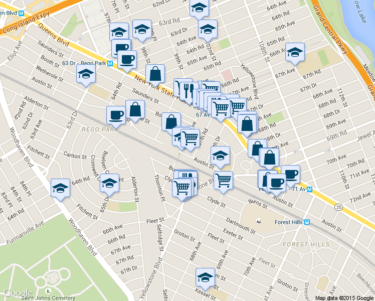 map of restaurants, bars, coffee shops, grocery stores, and more near 97-14 67th Avenue in Queens