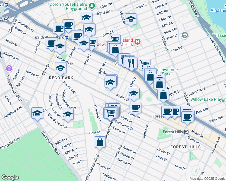 map of restaurants, bars, coffee shops, grocery stores, and more near 97-14 67th Avenue in Queens