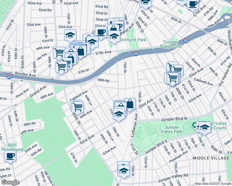 map of restaurants, bars, coffee shops, grocery stores, and more near 60-18 74th Street in Queens