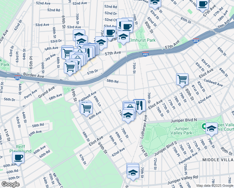 map of restaurants, bars, coffee shops, grocery stores, and more near 71-07 60th Avenue in Queens
