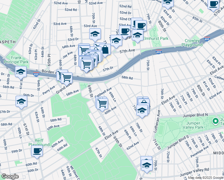 map of restaurants, bars, coffee shops, grocery stores, and more near 59-28 69th Lane in Queens