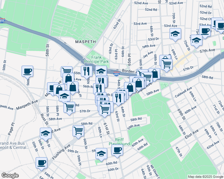 map of restaurants, bars, coffee shops, grocery stores, and more near 61-24 56th Drive in Queens