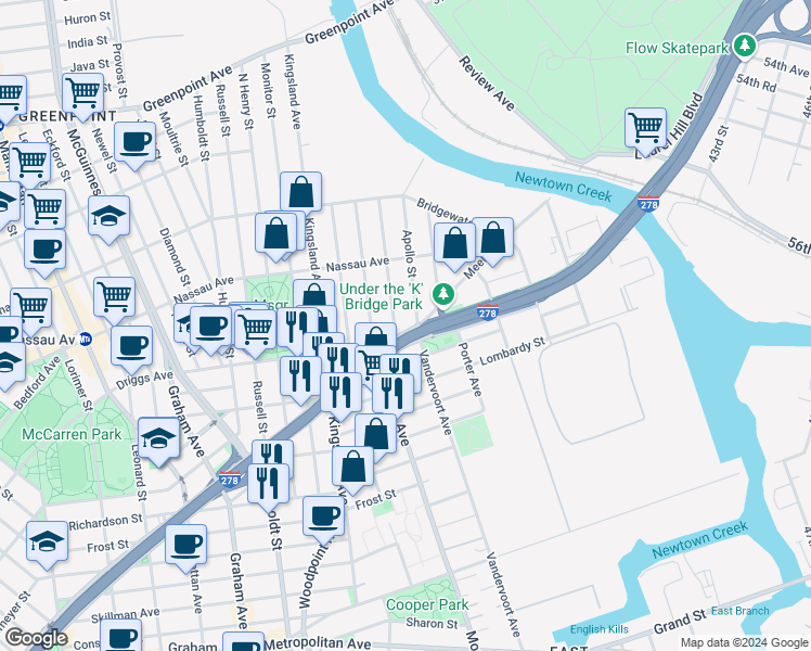 map of restaurants, bars, coffee shops, grocery stores, and more near 750 Meeker Avenue in Brooklyn