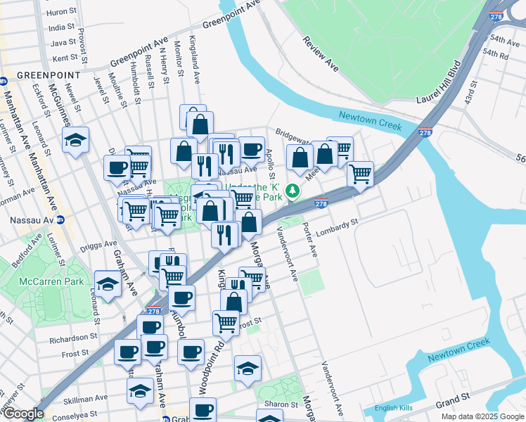 map of restaurants, bars, coffee shops, grocery stores, and more near 750 Meeker Avenue in Brooklyn