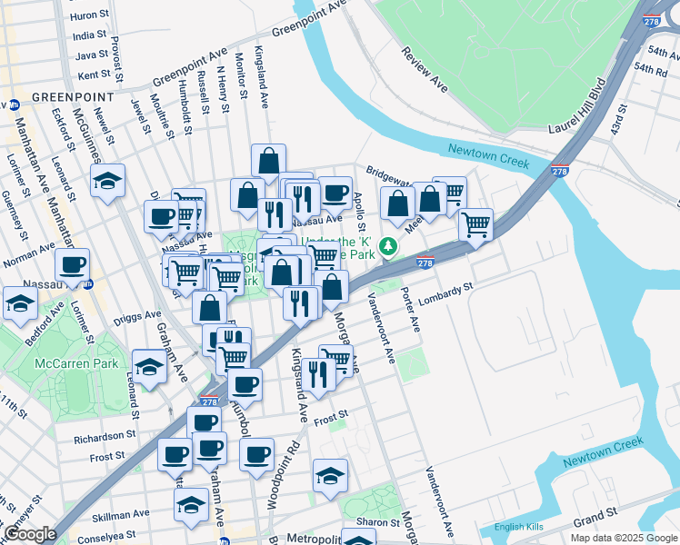 map of restaurants, bars, coffee shops, grocery stores, and more near 23 Driggs Avenue in Brooklyn