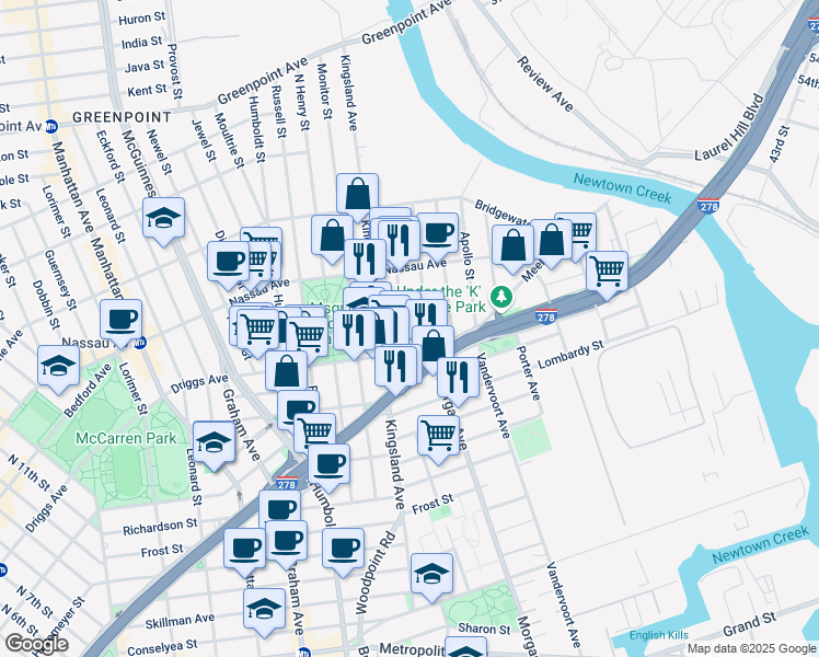 map of restaurants, bars, coffee shops, grocery stores, and more near 23 Driggs Avenue in Brooklyn