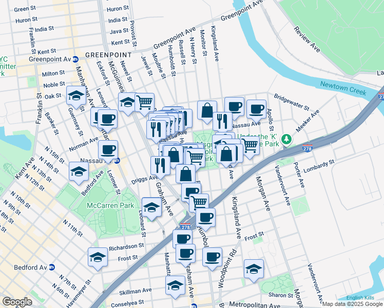map of restaurants, bars, coffee shops, grocery stores, and more near 81 Russell Street in Brooklyn