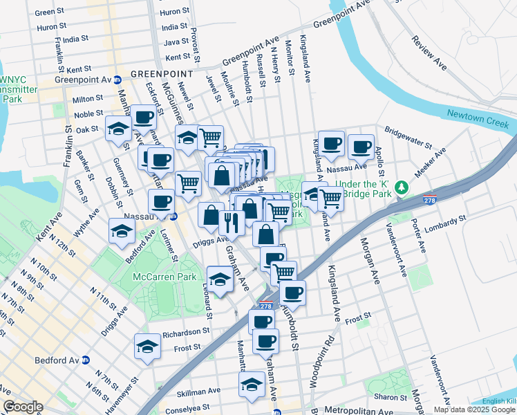 map of restaurants, bars, coffee shops, grocery stores, and more near 160 Driggs Avenue in Brooklyn