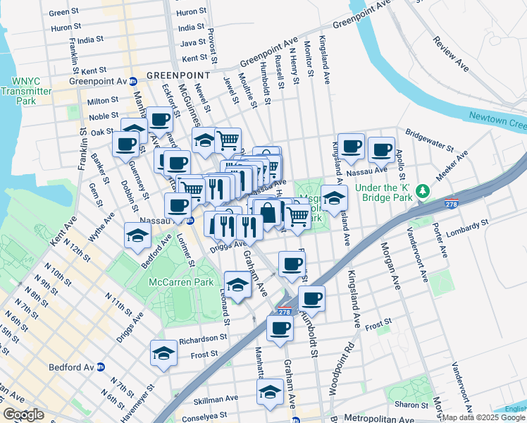 map of restaurants, bars, coffee shops, grocery stores, and more near 21 Newel Street in Brooklyn