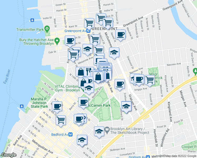 map of restaurants, bars, coffee shops, grocery stores, and more near 63 Guernsey Street in Brooklyn
