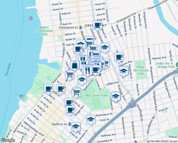 map of restaurants, bars, coffee shops, grocery stores, and more near 63 Guernsey Street in Brooklyn