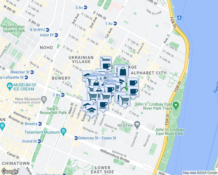 map of restaurants, bars, coffee shops, grocery stores, and more near 50-52 Avenue B in New York