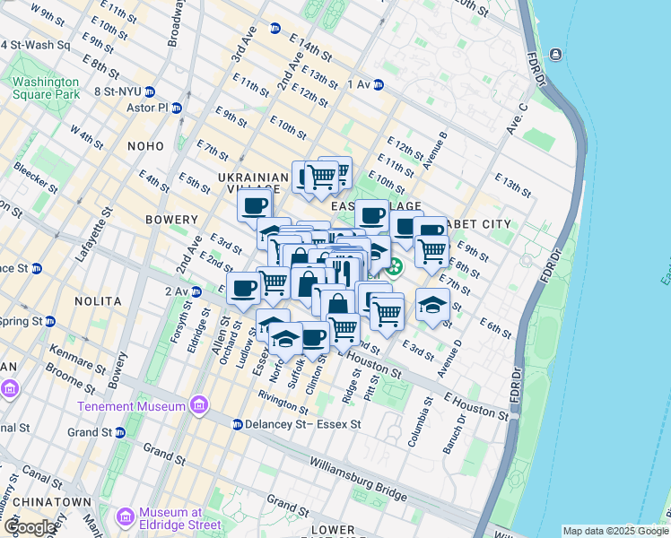 map of restaurants, bars, coffee shops, grocery stores, and more near 50-52 Avenue B in New York