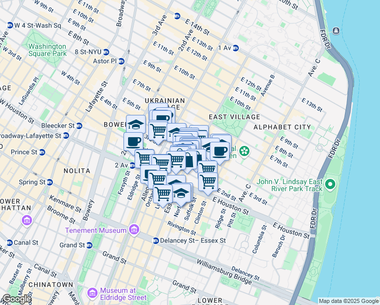 map of restaurants, bars, coffee shops, grocery stores, and more near 36 Avenue A in New York