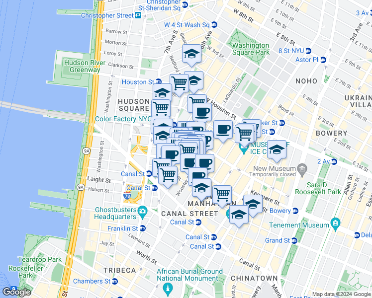 map of restaurants, bars, coffee shops, grocery stores, and more near 418 Broome Street in New York