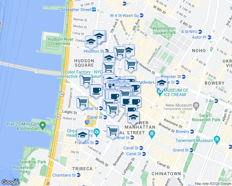 map of restaurants, bars, coffee shops, grocery stores, and more near 140 6th Avenue in New York