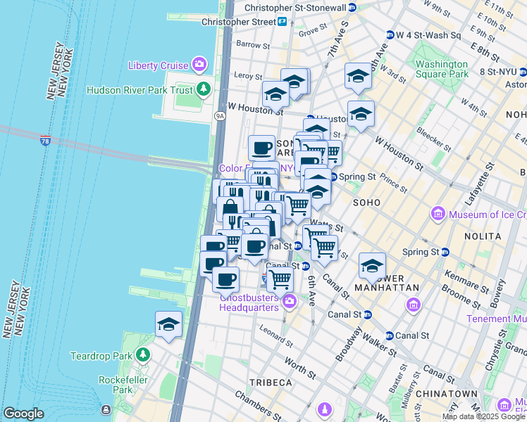 map of restaurants, bars, coffee shops, grocery stores, and more near 480 Canal Street in New York