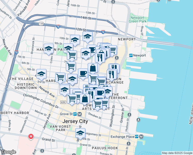 map of restaurants, bars, coffee shops, grocery stores, and more near 400 Marin Boulevard in Jersey City