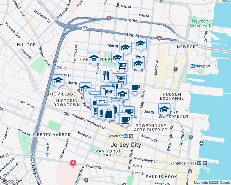map of restaurants, bars, coffee shops, grocery stores, and more near 240 4th Street in Jersey City