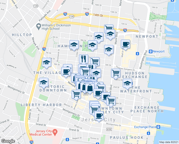 map of restaurants, bars, coffee shops, grocery stores, and more near 234 3rd Street in Jersey City