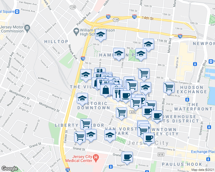 map of restaurants, bars, coffee shops, grocery stores, and more near 325 3rd Street in Jersey City