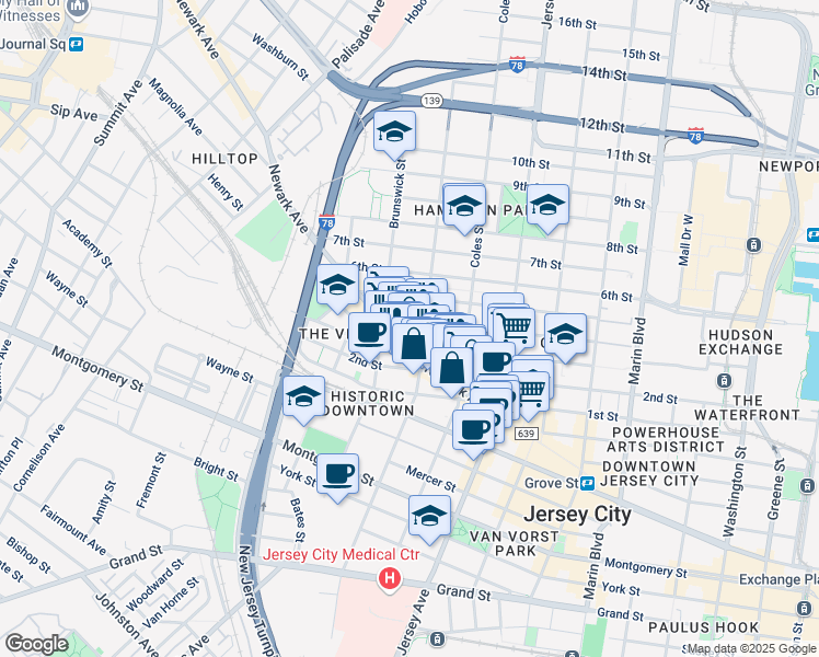map of restaurants, bars, coffee shops, grocery stores, and more near 323 3rd Street in Jersey City
