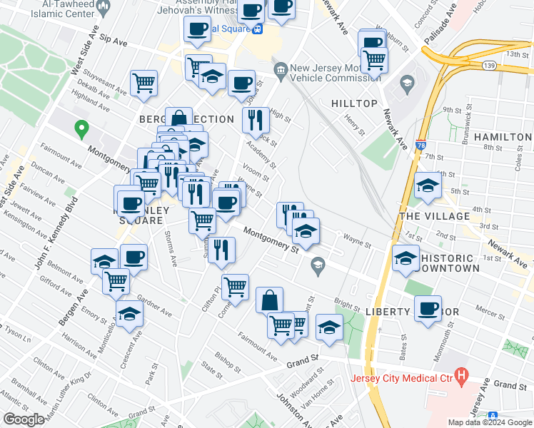 map of restaurants, bars, coffee shops, grocery stores, and more near in Jersey City