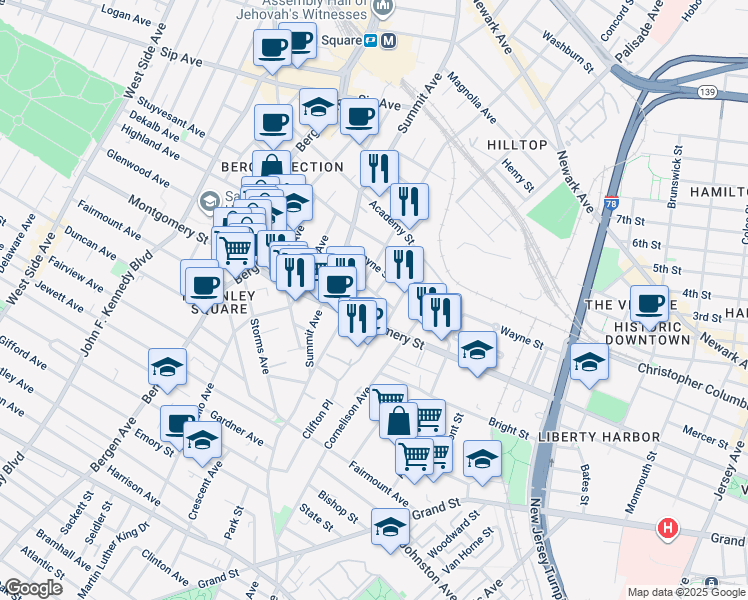 map of restaurants, bars, coffee shops, grocery stores, and more near in Jersey City