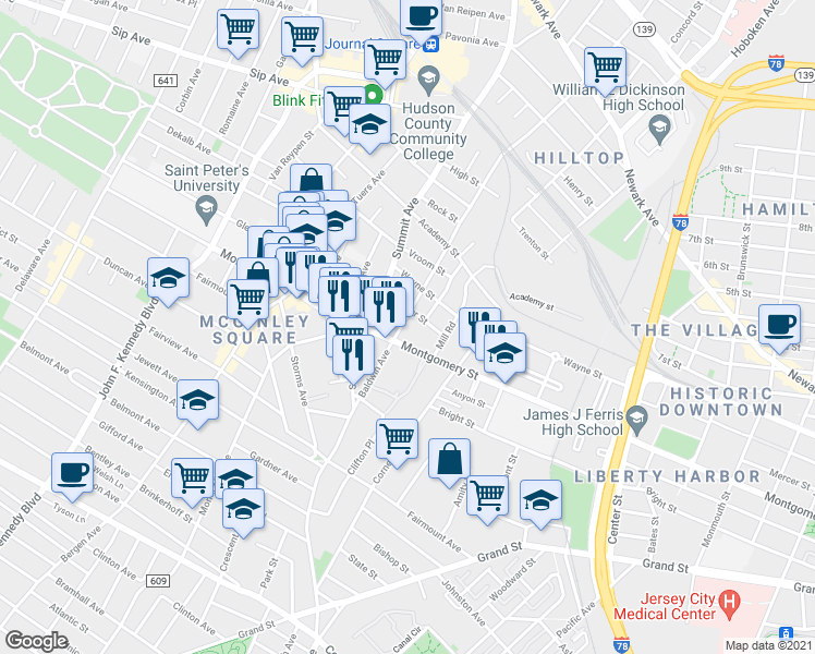 map of restaurants, bars, coffee shops, grocery stores, and more near 50 Baldwin Avenue in Jersey City