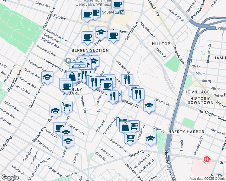 map of restaurants, bars, coffee shops, grocery stores, and more near 50 Baldwin Avenue in Jersey City