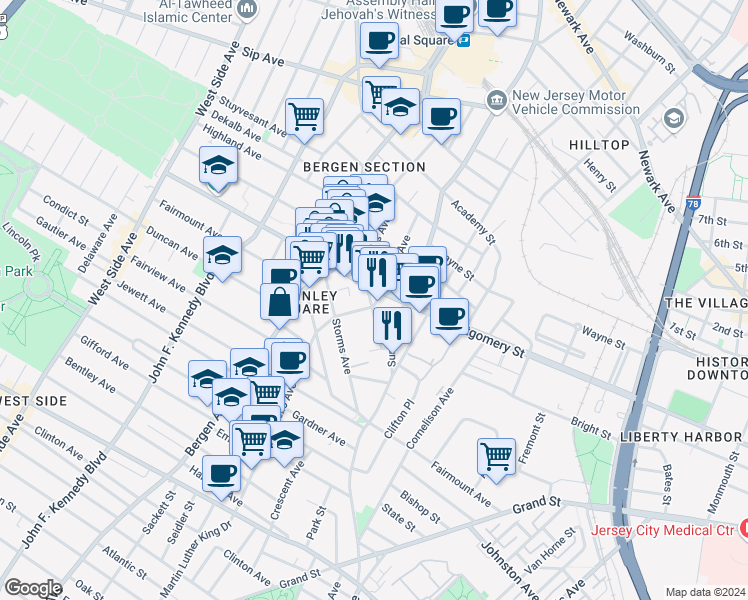 map of restaurants, bars, coffee shops, grocery stores, and more near 29 Orchard Street in Jersey City