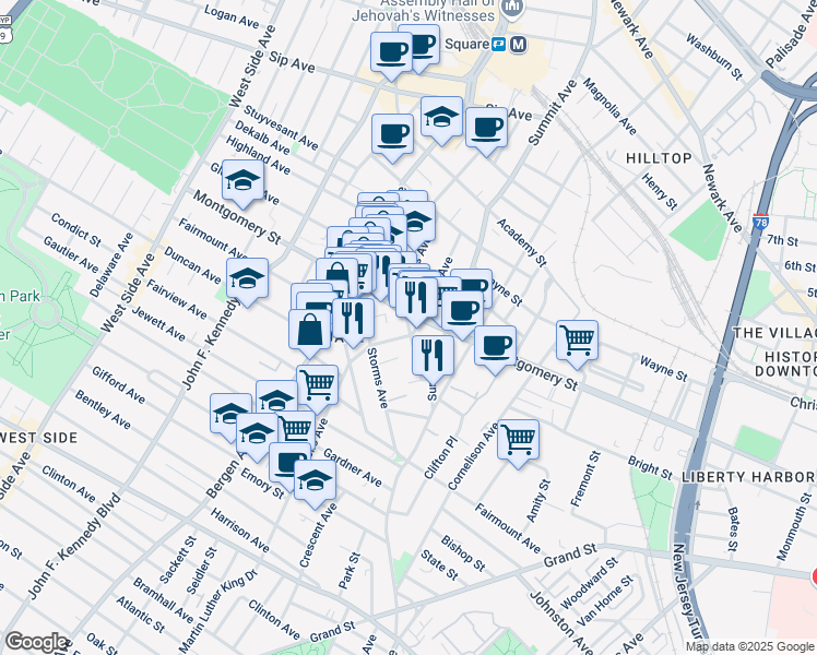 map of restaurants, bars, coffee shops, grocery stores, and more near 29 Orchard Street in Jersey City