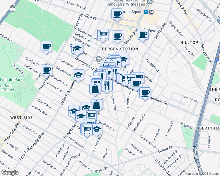 map of restaurants, bars, coffee shops, grocery stores, and more near 254 Monticello Avenue in Jersey City