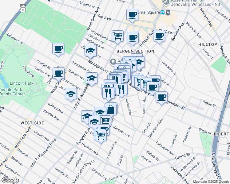 map of restaurants, bars, coffee shops, grocery stores, and more near in Jersey City