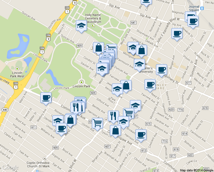 map of restaurants, bars, coffee shops, grocery stores, and more near 117 Kensington Avenue in Jersey City