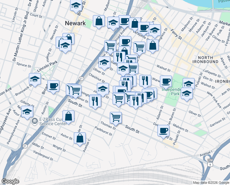map of restaurants, bars, coffee shops, grocery stores, and more near 116 Johnson Street in Newark