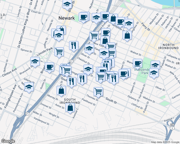 map of restaurants, bars, coffee shops, grocery stores, and more near 44-48 Hermon Street in Newark